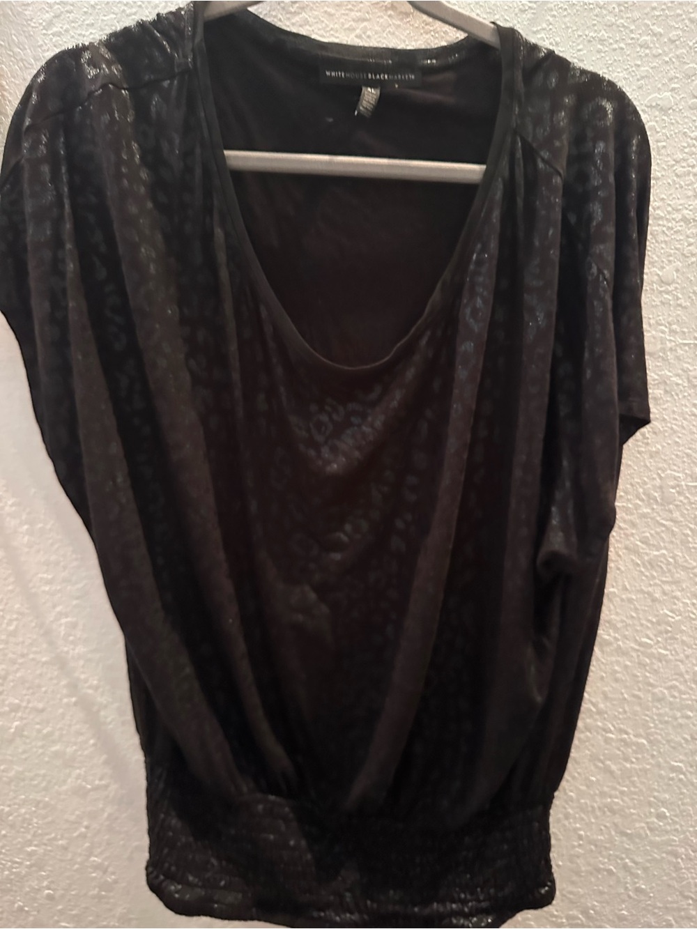 White House Black Market Black Shimmery Draped Short Sleeve Top